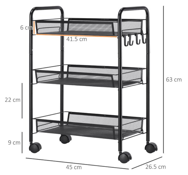 HOMCOM Cărucior de Bucătărie Multifuncțional cu 3 Niveluri, Coșuri Detașabile, 4 Roți, Oțel și Plastic PP, 45Lx26,5x63cm, Negru | Aosom Romania
