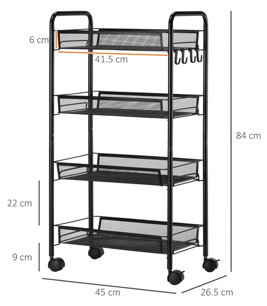 HOMCOM Cărucior Utilitar cu 4 Niveluri, Design Rulant cu Coșuri de Plasă și Cârlige, 45x26.5x84cm, Ideal pentru Bucătărie și Birou | Aosom Romania