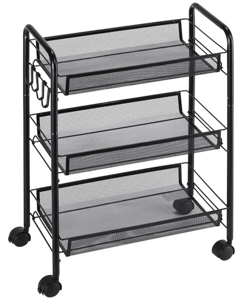 HOMCOM Cărucior de Bucătărie Multifuncțional cu 3 Niveluri, Coșuri Detașabile, 4 Roți, Oțel și Plastic PP, 45Lx26,5x63cm, Negru | Aosom Romania