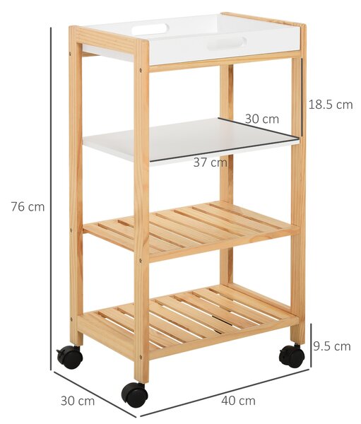 HOMCOM Carucior de bucatarie cu 4 nivele din MDF si lemn de pin cu 4 roti pivotante, 40x30x76 cm, alb si maro | Aosom Romania