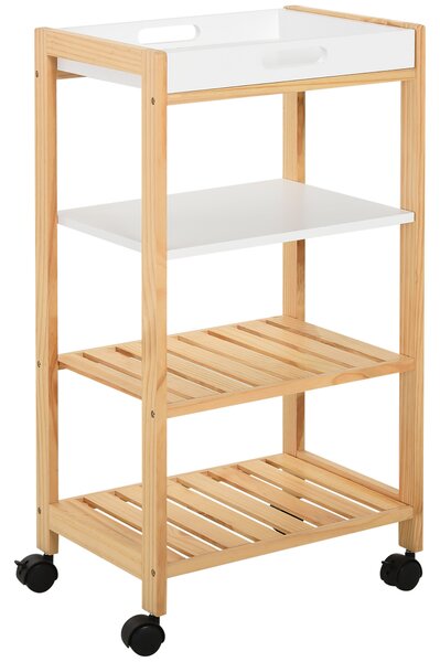 HOMCOM Carucior de bucatarie cu 4 nivele din MDF si lemn de pin cu 4 roti pivotante, 40x30x76 cm, alb si maro | Aosom Romania