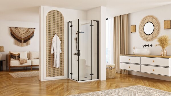 Rea Hugo Double, cabină de duș cu 2 aripi 100 (uşă) x 100 (uşă) x 200 cm, sticlă transparentă de 6 mm, profil negru, REA-K6602