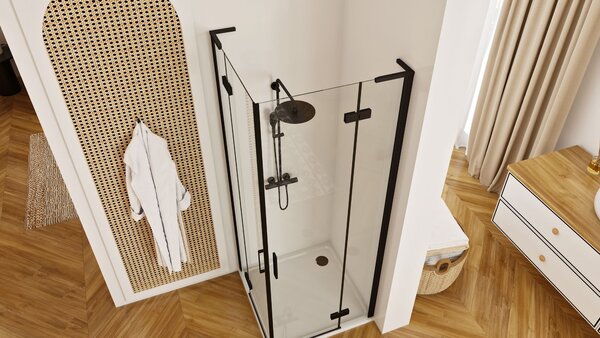 Rea Hugo Double, cabină de duș cu 2 aripi 100 (uşă) x 100 (uşă) x 200 cm, sticlă transparentă de 6 mm, profil negru, REA-K6602