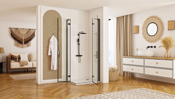 Rea Hugo Double, cabină de duș cu 2 aripi 100 (uşă) x 100 (uşă) x 200 cm, sticlă transparentă de 6 mm, profil negru, REA-K6602