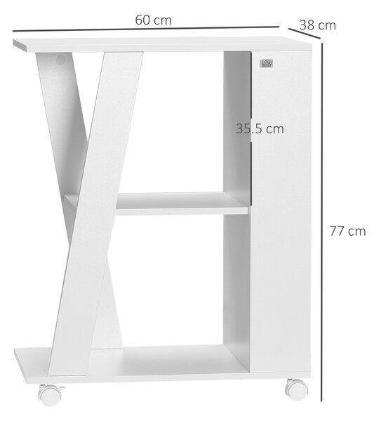 HOMCOM Cărucior Bucătărie din Lemn, 2 Rafturi Deschise, Pe Roti, Design Pragmatic, Alb 60x38x77cm | Aosom Romania