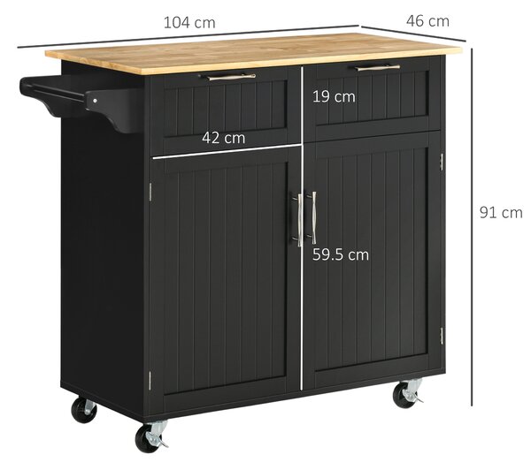 HOMCOM Cărucior Bucătărie din Lemn Multifuncțional cu 2 Sertare, Dulăpior și 4 Roți, Design Elegant, 104x46x91 cm, Negru | Aosom Romania