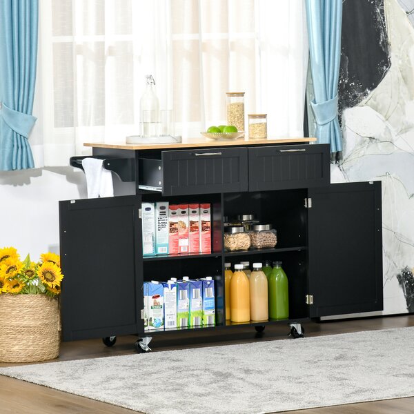 HOMCOM Cărucior Bucătărie din Lemn Multifuncțional cu 2 Sertare, Dulăpior și 4 Roți, Design Elegant, 104x46x91 cm, Negru | Aosom Romania