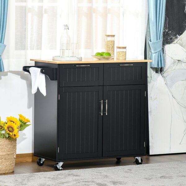 HOMCOM Cărucior Bucătărie din Lemn Multifuncțional cu 2 Sertare, Dulăpior și 4 Roți, Design Elegant, 104x46x91 cm, Negru | Aosom Romania