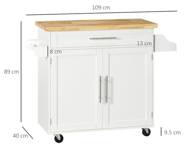 Carucior de bucatarie cu sertar și dulap, 4 roti din care 2 cu frana, lemn, 109x40x89cm, alb HOMCOM | Aosom Romania