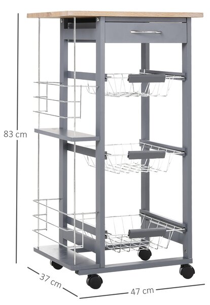 HOMCOM Carucior Bucatarie Multifunctional cu 3 Sertare Detasabile 2 Suporturi Sticle Lemn de Pin Metal 47x37x83cm Stejar Gri | Aosom Romania
