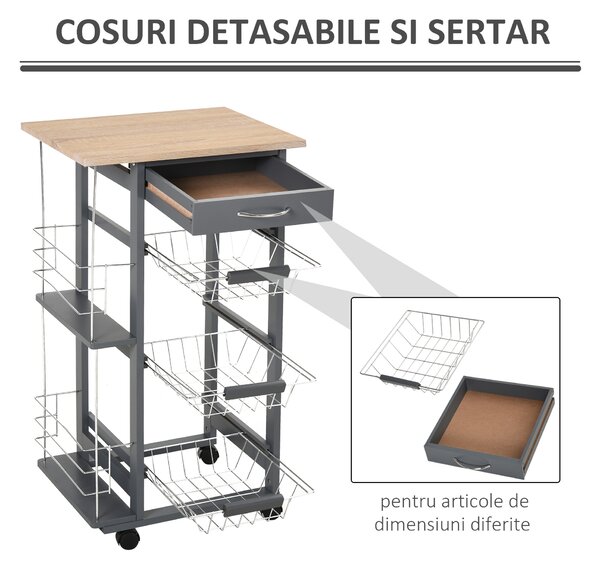 HOMCOM Carucior Bucatarie Multifunctional cu 3 Sertare Detasabile 2 Suporturi Sticle Lemn de Pin Metal 47x37x83cm Stejar Gri | Aosom Romania