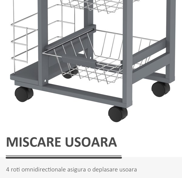 HOMCOM Carucior Bucatarie Multifunctional cu 3 Sertare Detasabile 2 Suporturi Sticle Lemn de Pin Metal 47x37x83cm Stejar Gri | Aosom Romania