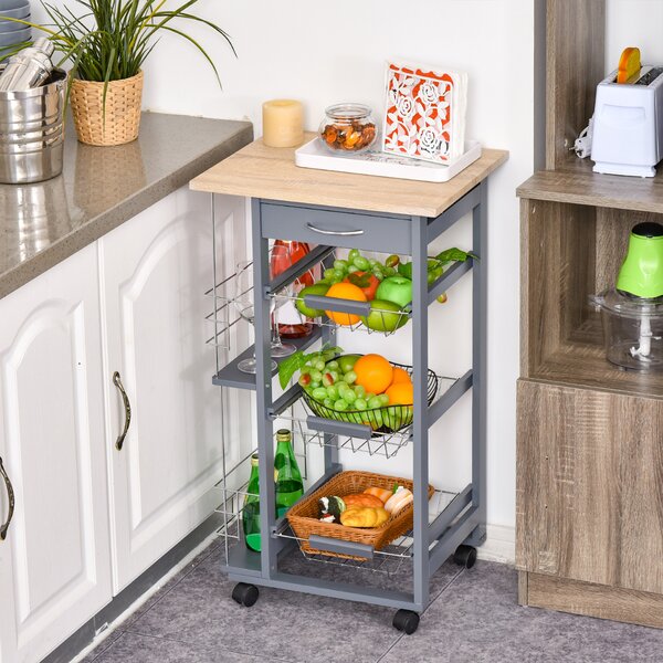 HOMCOM Carucior Bucatarie Multifunctional cu 3 Sertare Detasabile 2 Suporturi Sticle Lemn de Pin Metal 47x37x83cm Stejar Gri | Aosom Romania