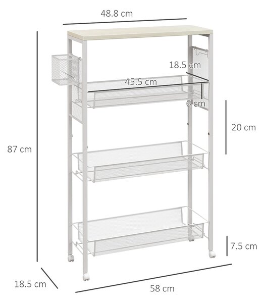 HOMCOM Cărucior de Bucătărie Multifuncțional cu 3 Nivele pe Roți 3 Coșuri din Sârmă de Oțel Carlig Alb 58x18.5x87cm | Aosom Romania