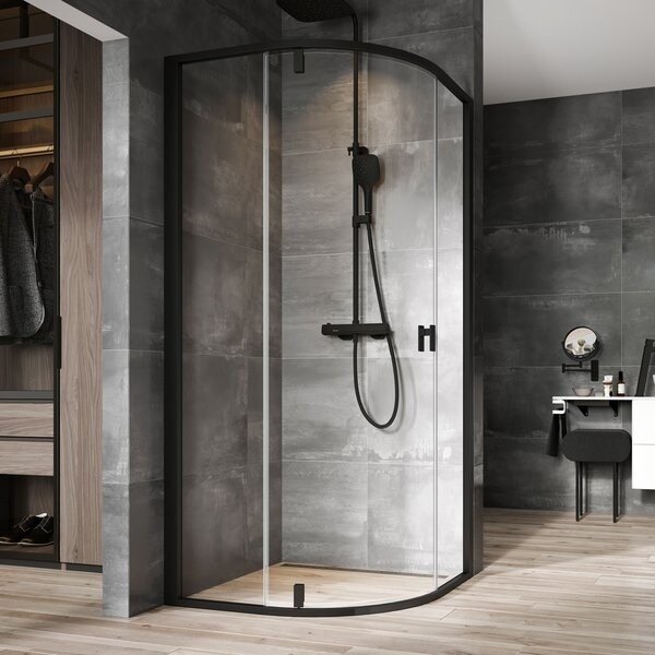 Cabina dus semirotunda cu usa batanta Ravak Nexty NSKK3 90x90 cm, profil negru