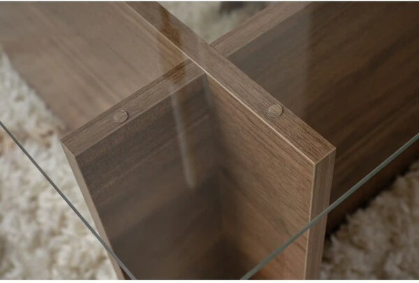 Masuta cafea VETRINO, nuc/transparent, sticla/PAL, 105x65x40 cm