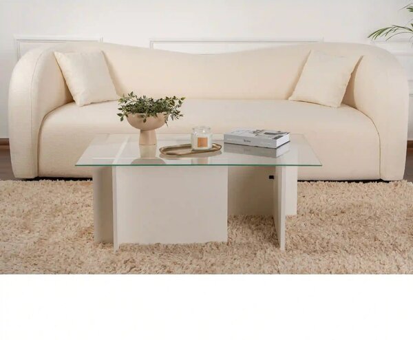 Masuta cafea VETRINO, alb/transparent, sticla/PAL, 105x65x40 cm