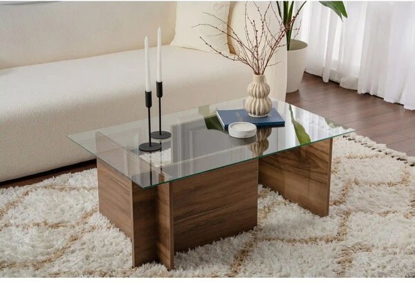Masuta cafea VETRINO, nuc/transparent, sticla/PAL, 105x65x40 cm