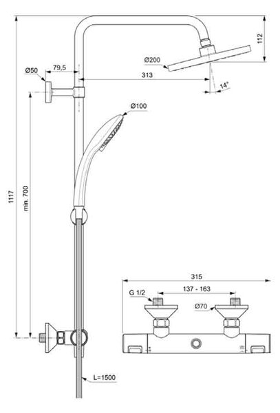 Coloană de duș cu baterie termostatată Ideal Standard, Ceratherm T25, crom