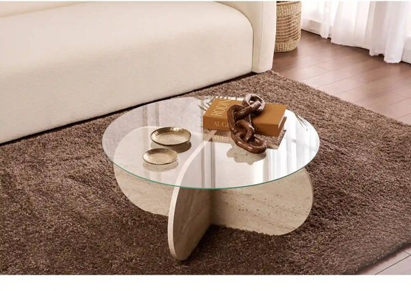 Masuta cafea AERIS, travertin, PAL/sticla, 75x75x35 cm