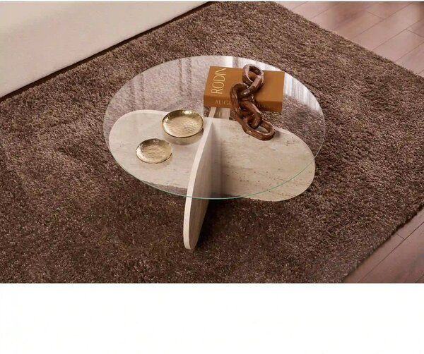 Masuta cafea AERIS, travertin, PAL/sticla, 75x75x35 cm