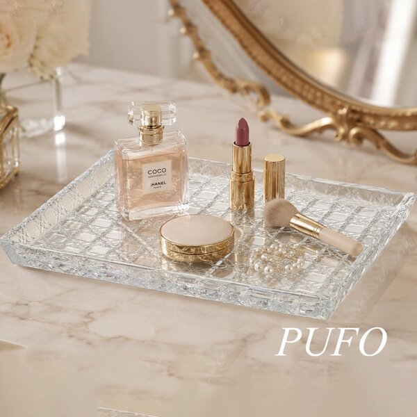 Tava decorativa eleganta din sticla Pufo Candy pentru servire aperitive, prajituri, fructe si decor, 25 x 21 cm