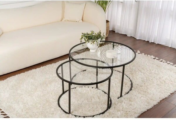 Set 2 masute cafea AURUM, transparent/negru, sticla/metal