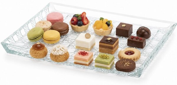 Tava decorativa eleganta din sticla Pufo Candy pentru servire aperitive, prajituri, fructe si decor, 25 x 21 cm