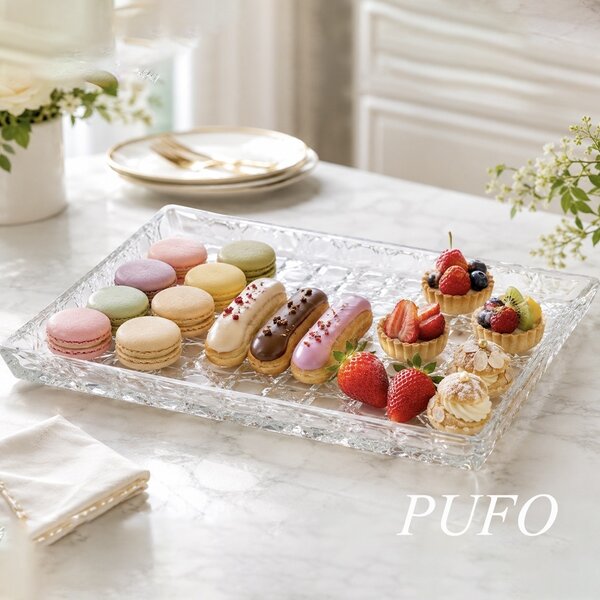 Tava decorativa eleganta din sticla Pufo Candy pentru servire aperitive, prajituri, fructe si decor, 25 x 21 cm