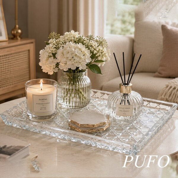 Tava decorativa eleganta din sticla Pufo Candy pentru servire aperitive, prajituri, fructe si decor, 25 x 21 cm
