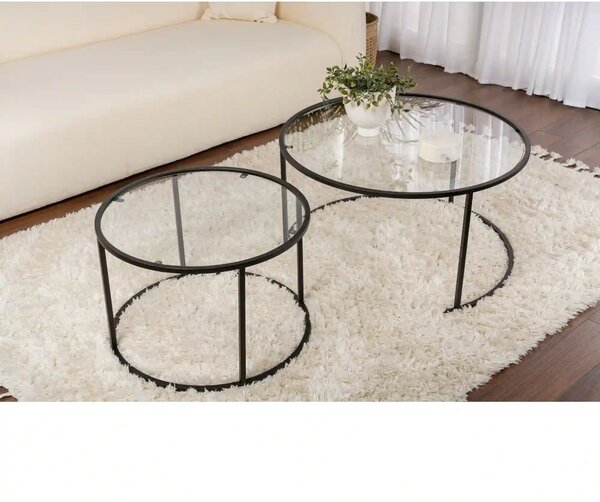 Set 2 masute cafea AURUM, transparent/negru, sticla/metal