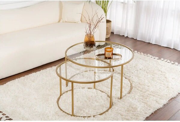 Set 2 masute cafea AURUM, transparent/auriu, sticla/metal
