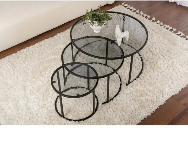 Set 3 masute cafea AURUM, transparent/negru, sticla/metal