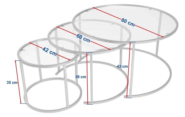 Set 3 masute cafea AURUM, transparent/negru, sticla/metal