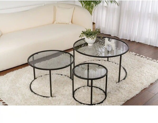 Set 3 masute cafea AURUM, transparent/negru, sticla/metal