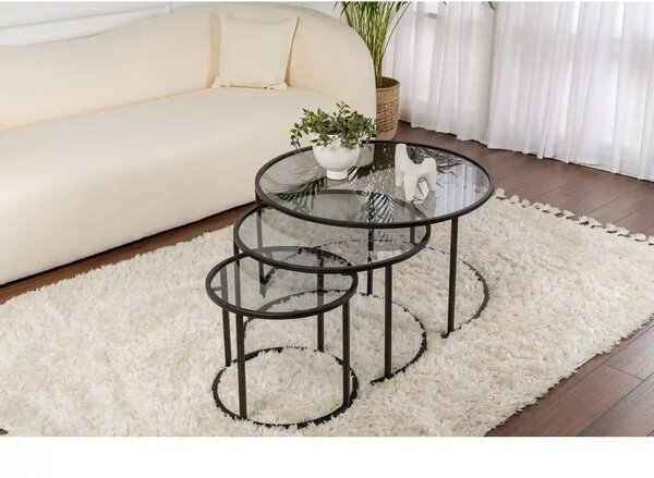 Set 3 masute cafea AURUM, transparent/negru, sticla/metal