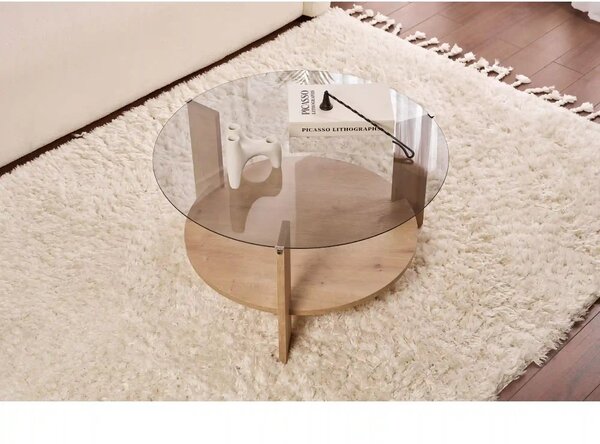 Masuta cafea CLARA, stejar safir/fumuriu, PAL/sticla, 75x75x40 cm