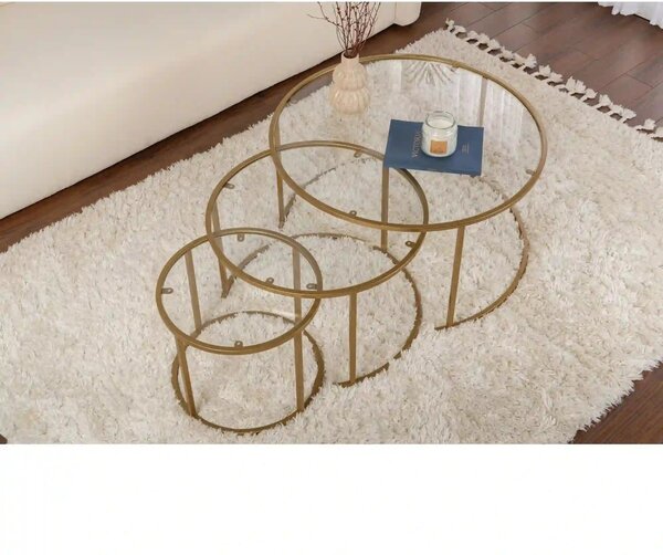 Set 3 masute cafea AURUM, transparent/auriu, sticla/metal