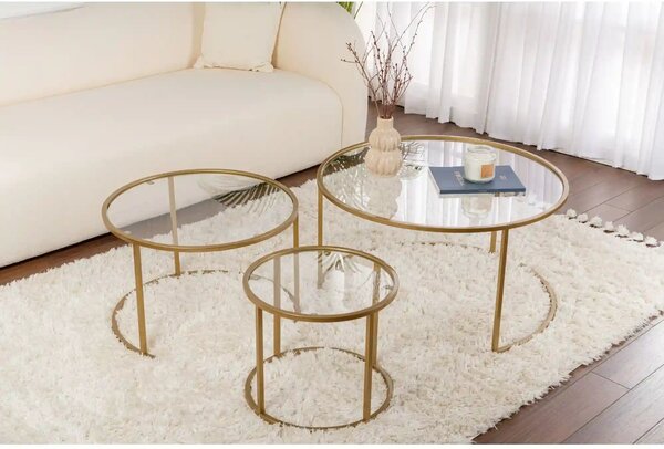 Set 3 masute cafea AURUM, transparent/auriu, sticla/metal