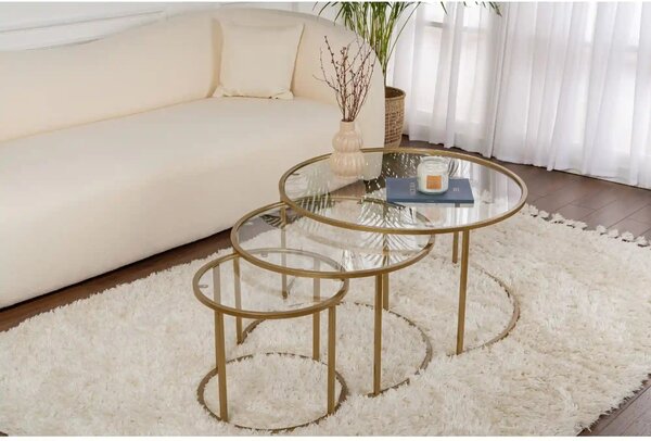 Set 3 masute cafea AURUM, transparent/auriu, sticla/metal