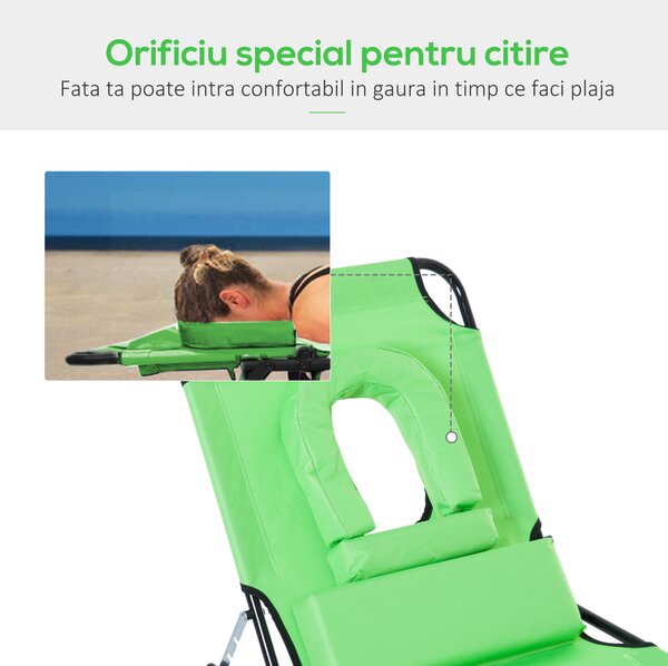Sezlong Pliabil cu Orificiu pentru Fata si Perne Outsunny, pentru Gradina, Plaja si Camping, Verde | Aosom Romania