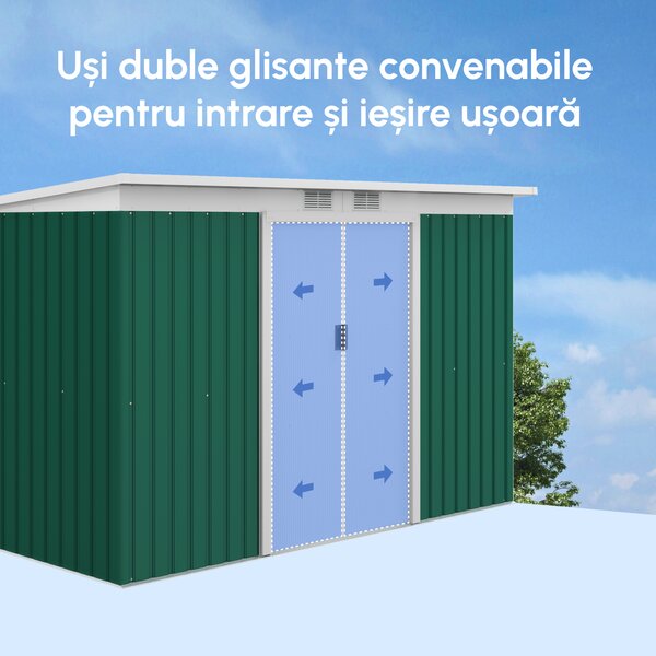 Outsunny Magazie de Grădină pentru Unelte, cu Uși Glisante și Ventilație, 277x130x173 cm, Verde | Aosom Romania