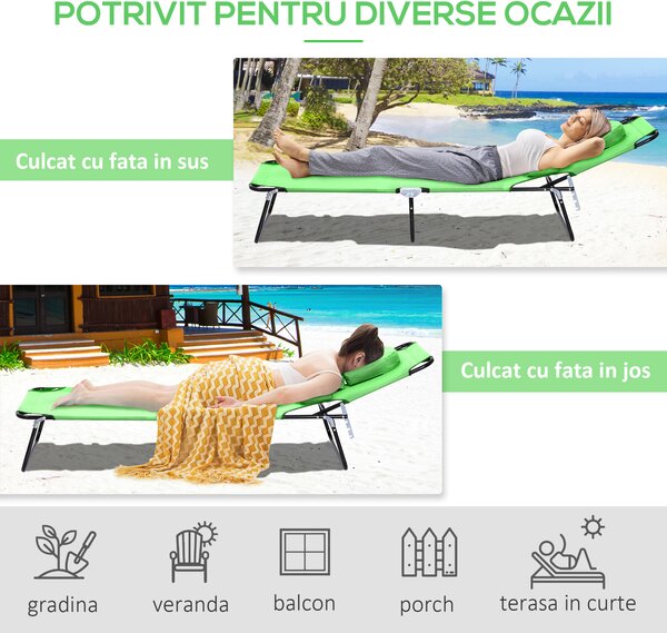 Sezlong Pliabil cu Orificiu pentru Fata si Perne Outsunny, pentru Gradina, Plaja si Camping, Verde | Aosom Romania