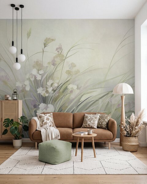 Tapet Iarbă înaltă și flori sălbatice în nuanțe delicate de verde, artă cu textură, Fototapet Flori, w10062v1 : Uwalls.ro