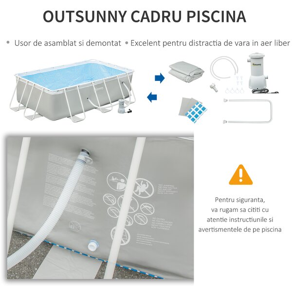 Outsunny Piscină Supraterană cu Pompă de Filtrare și Cadru de Oțel 291x190x75cm Gri Rezistentă și Ușor de Asamblat pentru Grădină | Aosom Romania