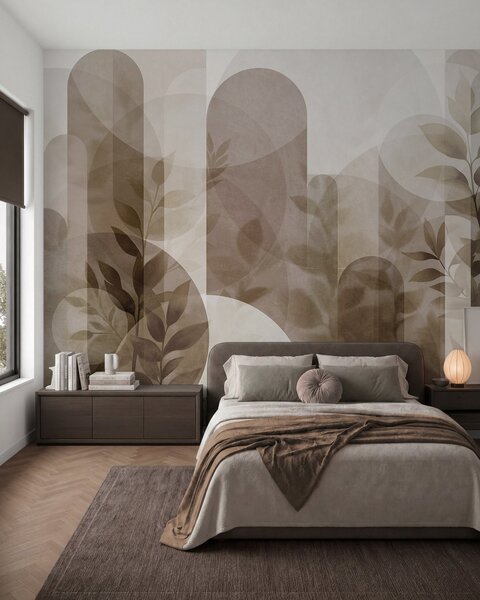 Tapet Elemente geometrice abstracte și frunze delicate în nuanțe discrete de maro și bej, Fototapet Modern, w10088 : Uwalls.ro