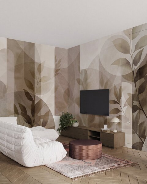 Tapet Elemente geometrice abstracte și frunze delicate în nuanțe discrete de maro și bej, Fototapet Modern, w10088 : Uwalls.ro