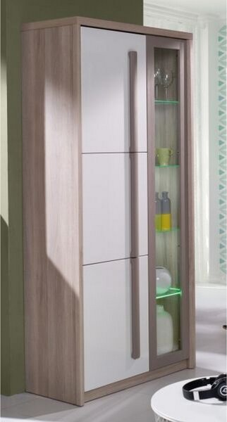 Vitrina ROMA 2, stejar/alb/gri, PAL/sticla, 90X43X194 CM