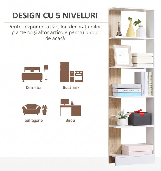HOMCOM Bibliotecă de Perete cu 5 Rafturi și Dispozitiv Anti-Răsturnare din PAL 45x21x170 cm Alb Stejar | Aosom Romania