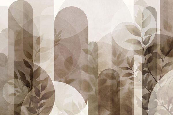 Tapet Elemente geometrice abstracte și frunze delicate în nuanțe discrete de maro și bej, Fototapet Modern, w10088 : Uwalls.ro